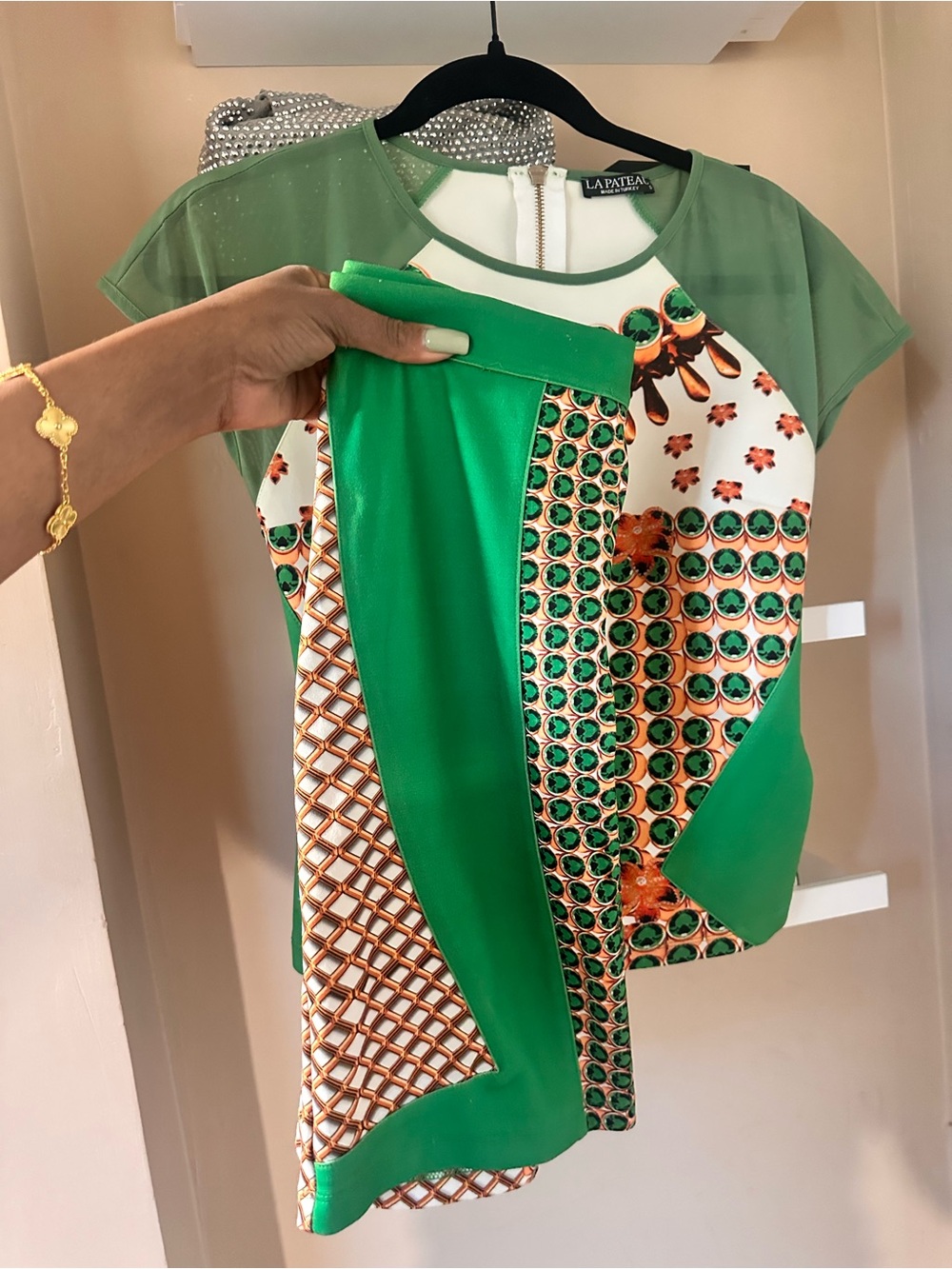 La Pateau Green Mixed-Print Top & skirt set